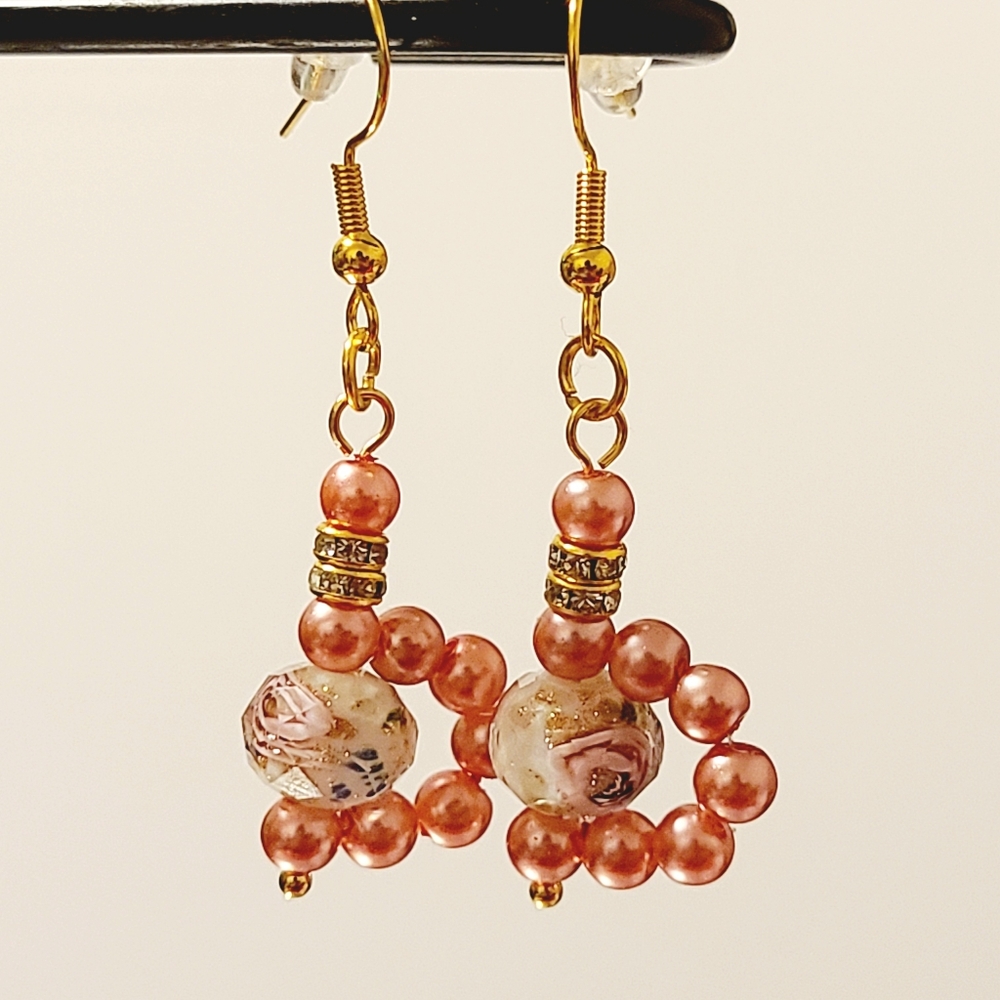 Coral Gold Sand Lampwork Crystal and Pearl Fashion Earrings